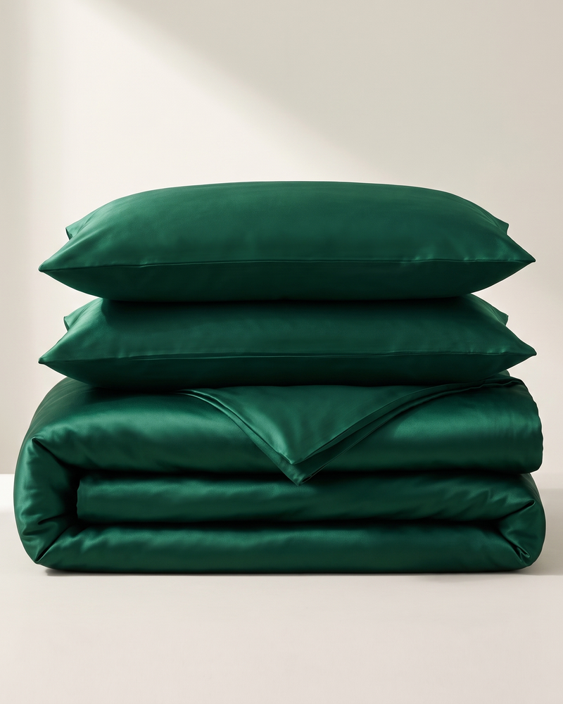 Emerald Satin Duvet Cover Set, folded stack