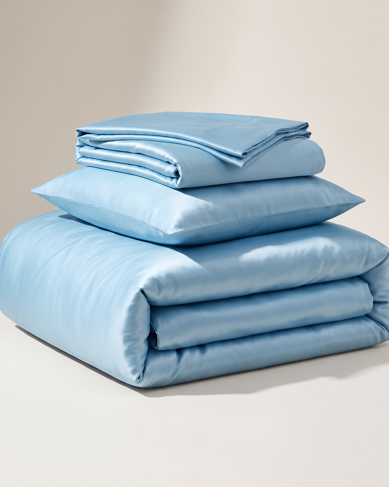 Sky Satin Duvet Cover Set, folded stack