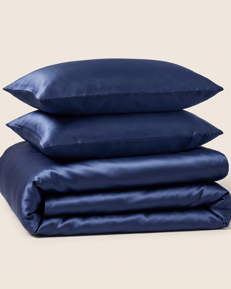 Navy Satin Duvet Cover Set, folded stack