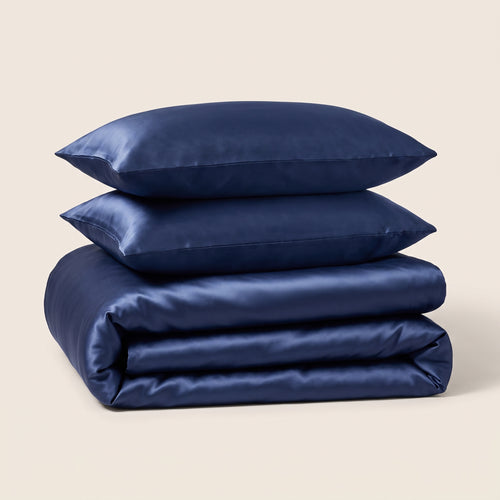 Navy Satin Duvet Cover Set — folded stack