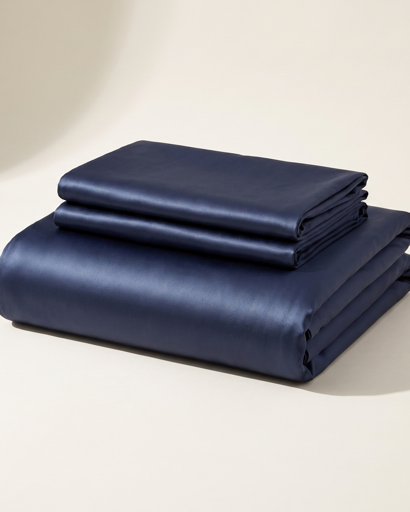 Midnight Satin Duvet Cover Set, folded stack