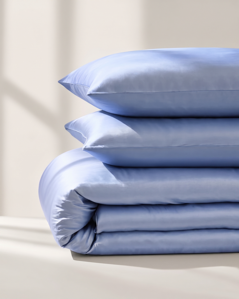 Sea Satin Duvet Cover Set, folded stack