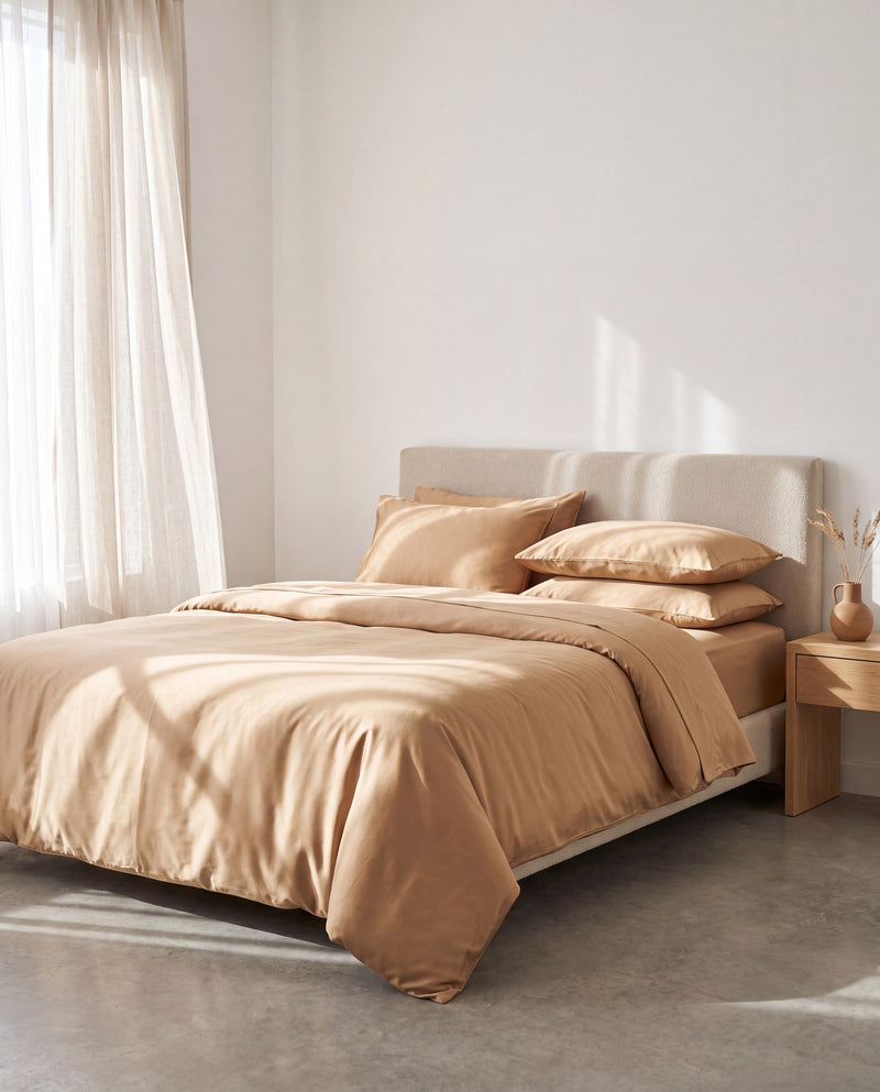 A bed dressed in warm almond satin bedding in a light-filled room